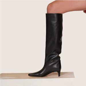 Black Women Stretchy Knee High Boots Square Toe Kitten Heels Autumn Winter Tall